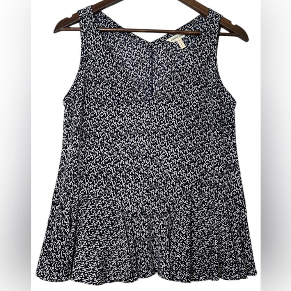 Rebecca Taylor 100% Silk Sleeveless V-Neck Peplum Blouse Top Size 2 Geo Print